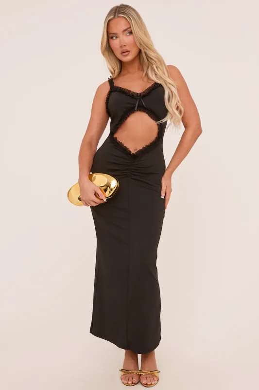 Black Frill Trim Cut Out Front Maxi Dress - Thianna sold by Rebellious Fashion