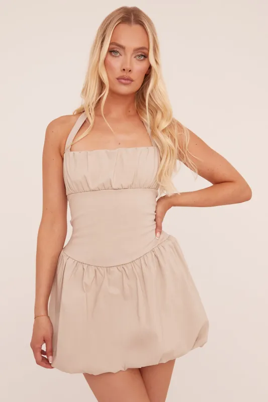 Beige Ruched Halter Neck Puffball Mini Dress - Anessa sold by Rebellious Fashion