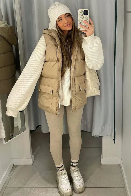Camel Detachable Hood Puffer Gilet - Emisha sold by Rebellious Fashion