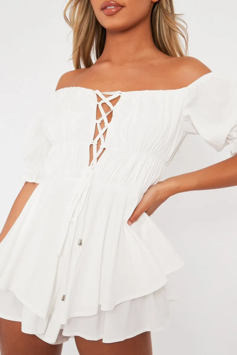 White Tie Front Frill Detail Bardot Playsuit - Cera sold by Rebellious Fashion product image thumbnail 3