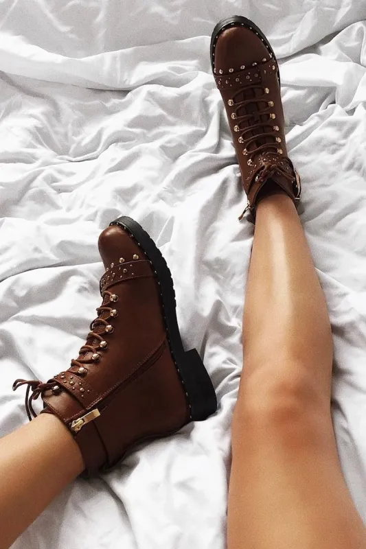 Tan PU Studded Biker Boots - Bailee sold by Rebellious Fashion