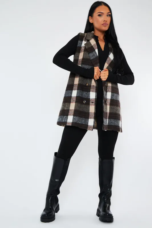Brown Checked Double Breasted Sleeveless Jacket - Helmi sold by Rebellious Fashion