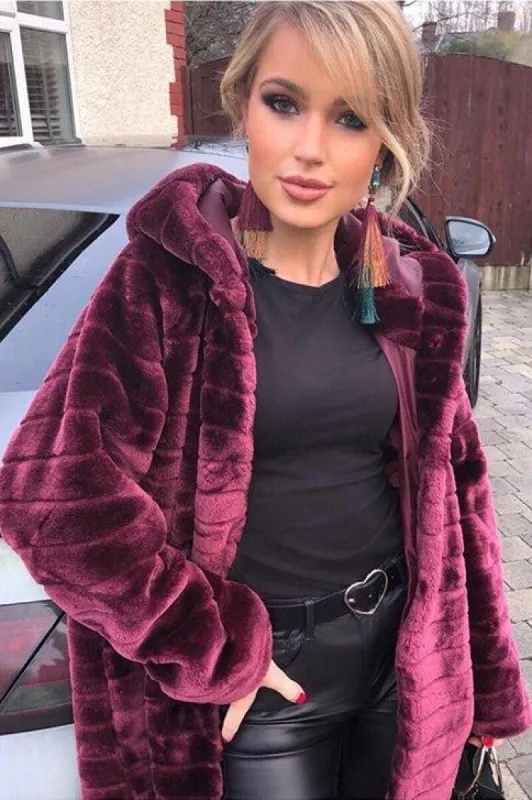 Wine Soft Faux Fur Hooded Coat - Kila sold by Rebellious Fashion