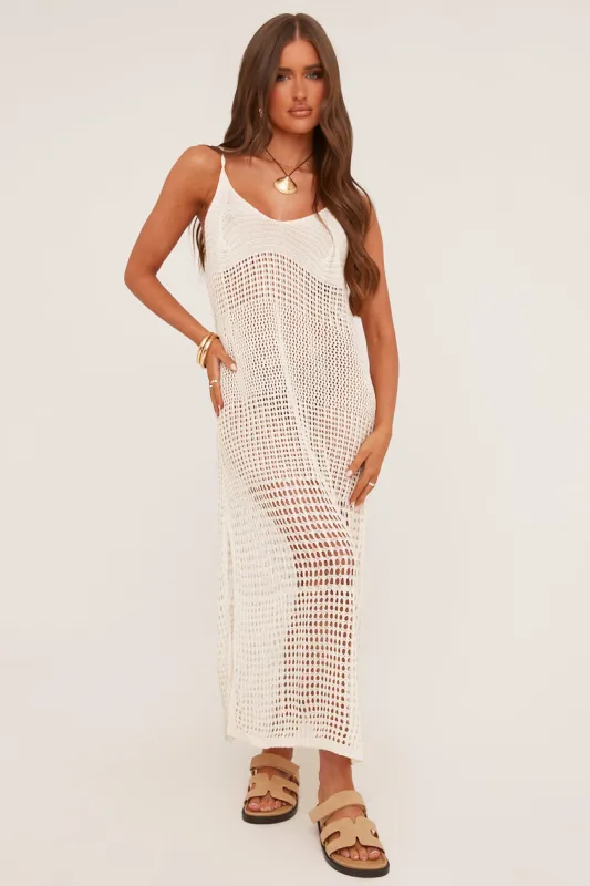 Cream Crochet Side Slit Sleeveless Maxi Dress - Sylvia sold by Rebellious Fashion