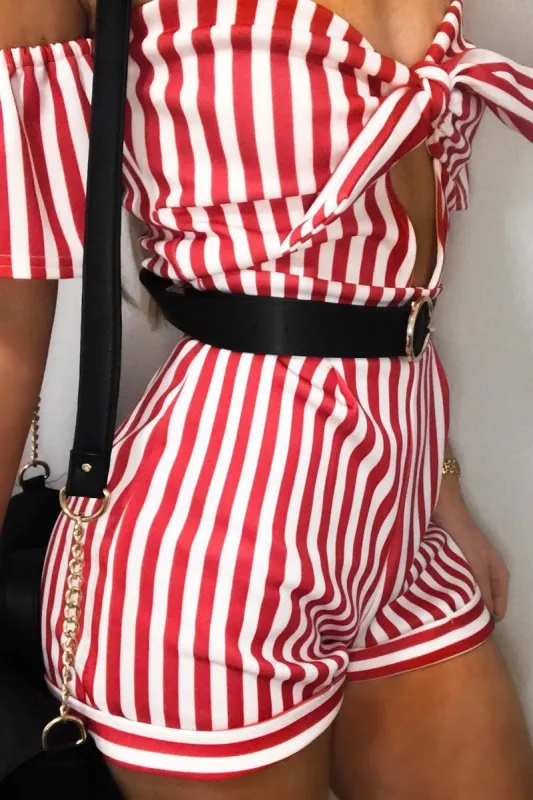 Red and White Striped Bardot Playsuit - Gracy sold by Rebellious Fashion
