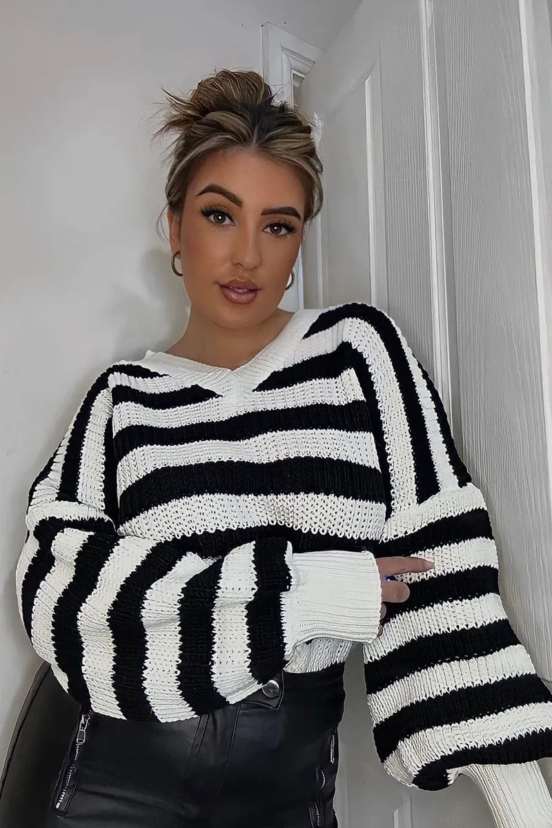 White Striped Chunky Knit Oversized Cardigan - Pedra sold by Rebellious Fashion
