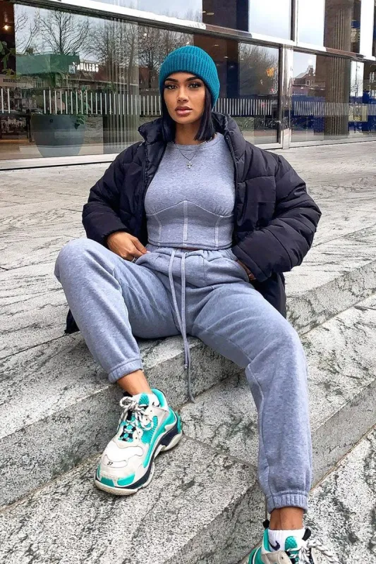 Light Grey Corset Crop Top Joggers Co-ord - Daisy sold by Rebellious Fashion