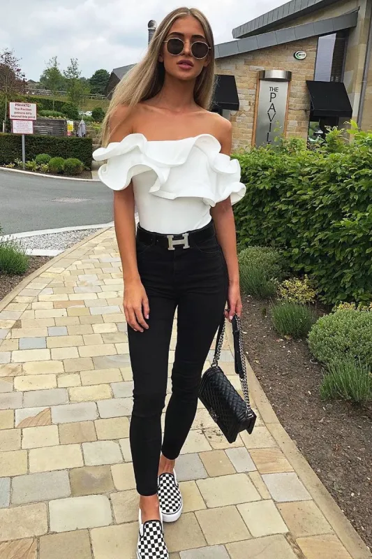 White Bardot Extreme Frill Bodysuit - Diandra sold by Rebellious Fashion