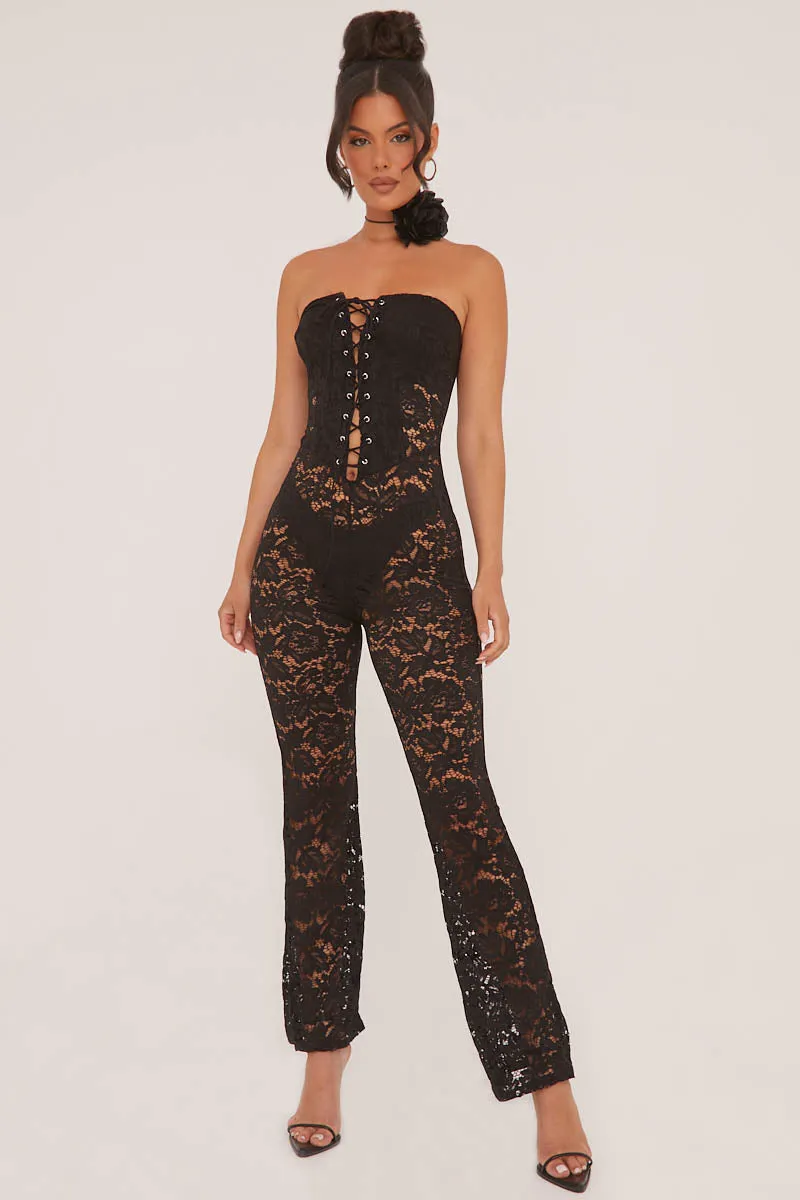 Black Lace Lace Up Detail Bandeau Jumpsuit - Jessica sold by Rebellious Fashion