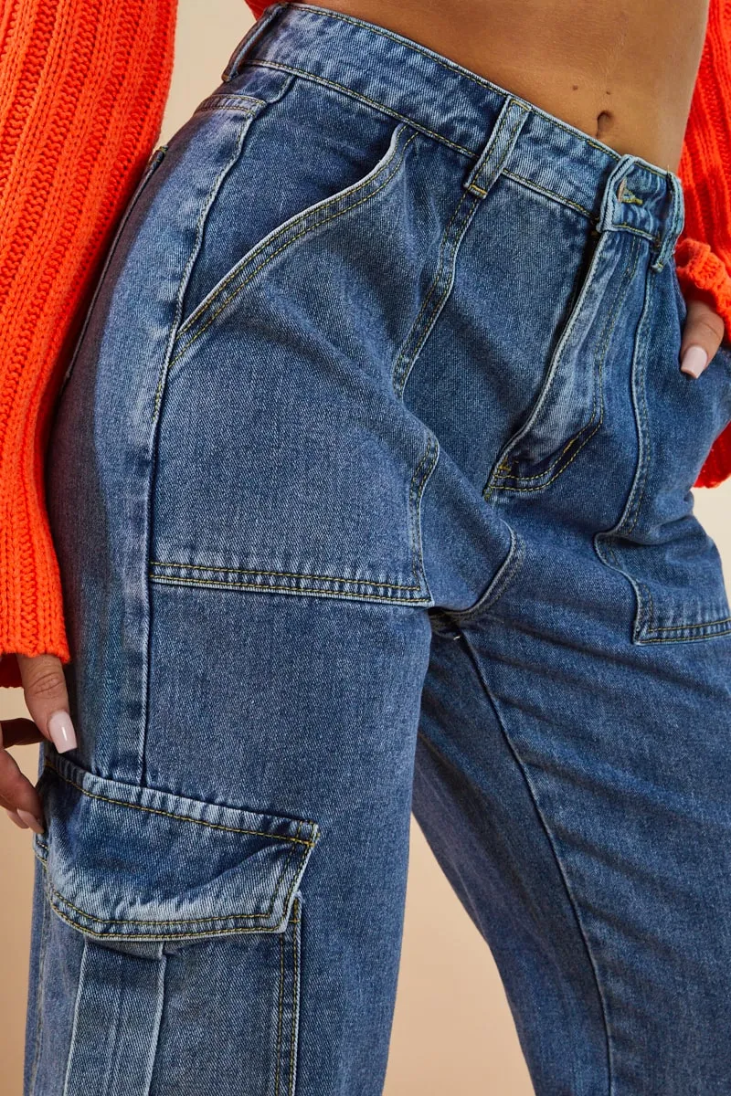 Blue Cargo Pocket Wide Leg Jeans - Dale sold by Rebellious Fashion product image thumbnail 4