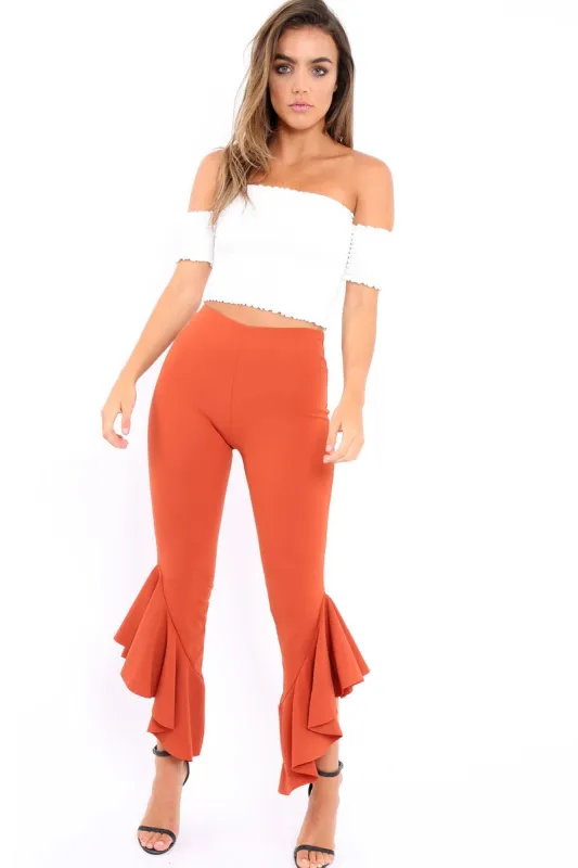 Rust Frill Hem Trousers - Ashlie sold by Rebellious Fashion