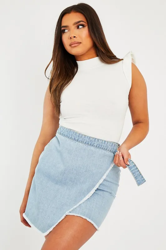 White Ribbed Frill Shoulder Crop Top - Khyla sold by Rebellious Fashion