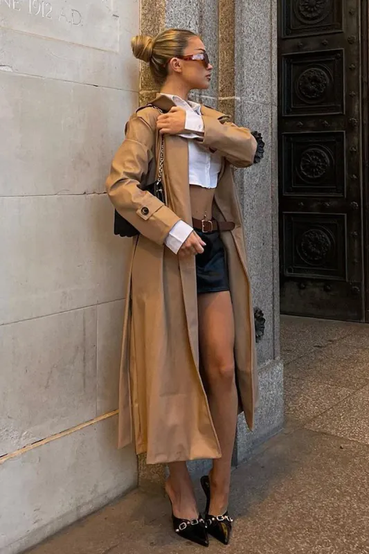 Beige Faux Leather Oversized Double Breasted Trench Coat- Xia sold by Rebellious Fashion