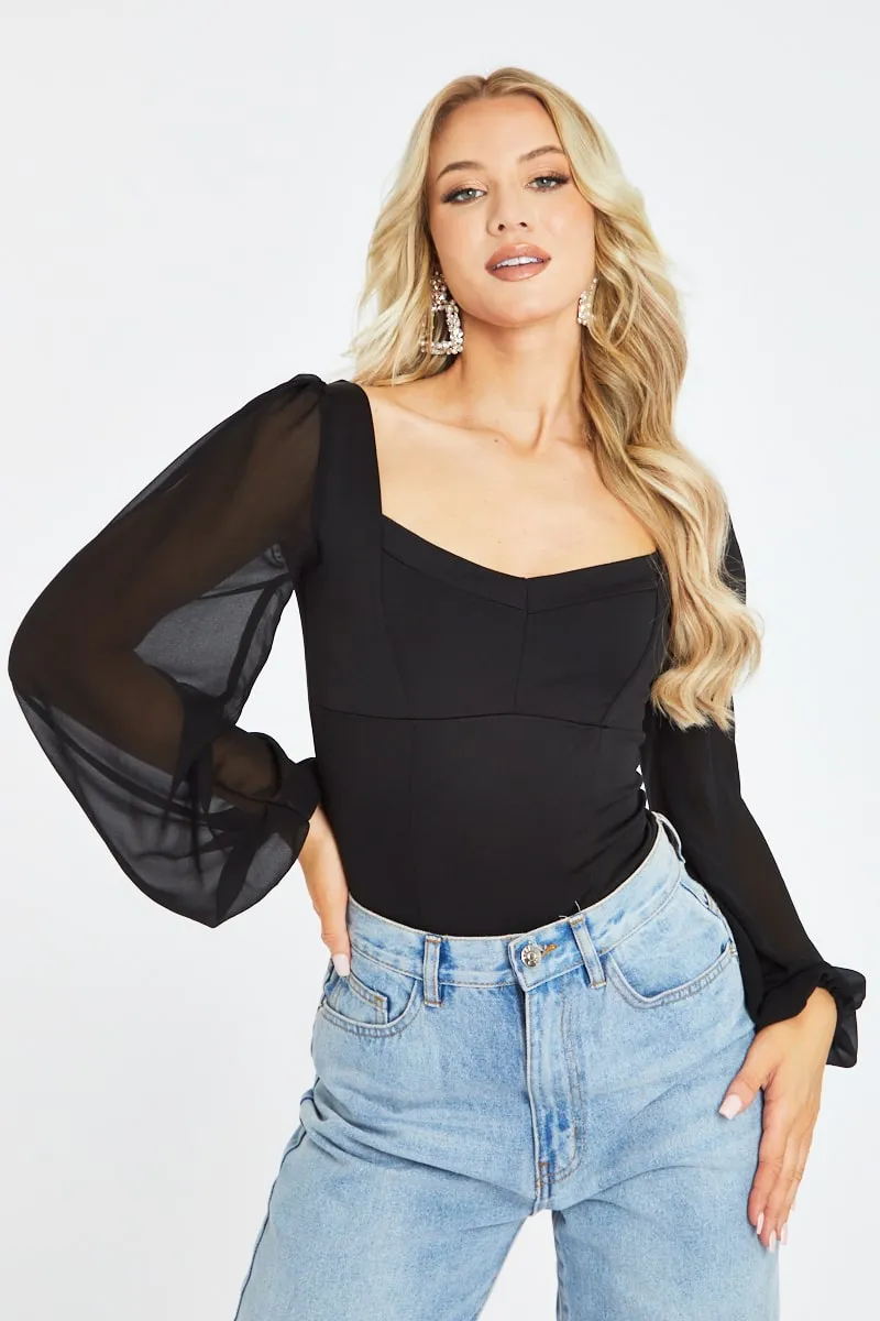 Black Sheer Puffed Sleeve Bodysuit - Victoria sold by Rebellious Fashion