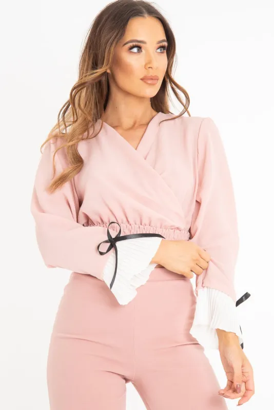 Pink Plunge Shirred Waist Pleated Sleeve Blouse - Skylar sold by Rebellious Fashion