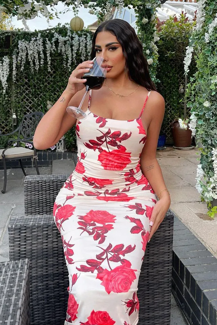 Red Floral Print Bodycon Maxi Dress - Sasha sold by Rebellious Fashion