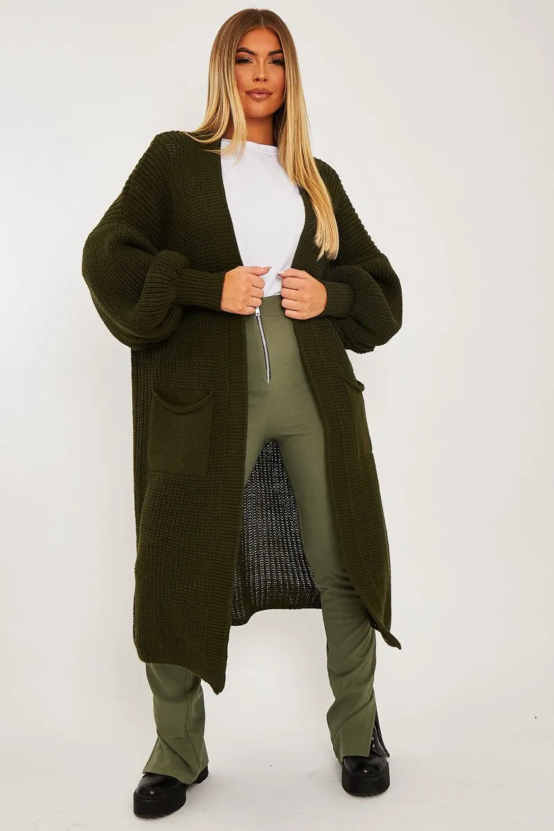 Khaki Balloon Sleeve Maxi Knit Cardigan - Imara sold by Rebellious Fashion