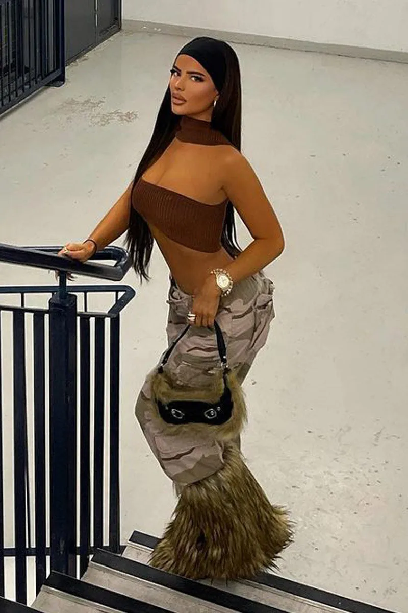 Brown Knit Choker Neck Cropped Top - Lia sold by Rebellious Fashion