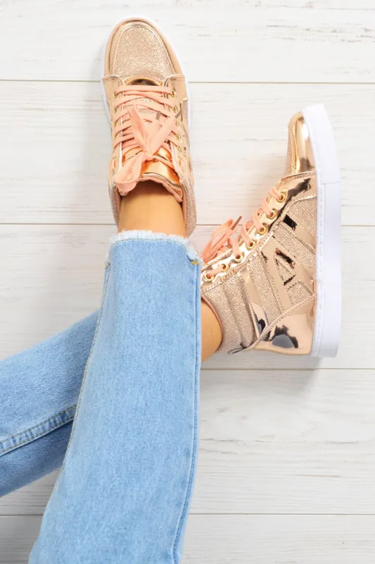 Rose Gold Metallic and Shimmer Effect High Top Lace Up Trainers - Dessie made by Rebellious Fashion