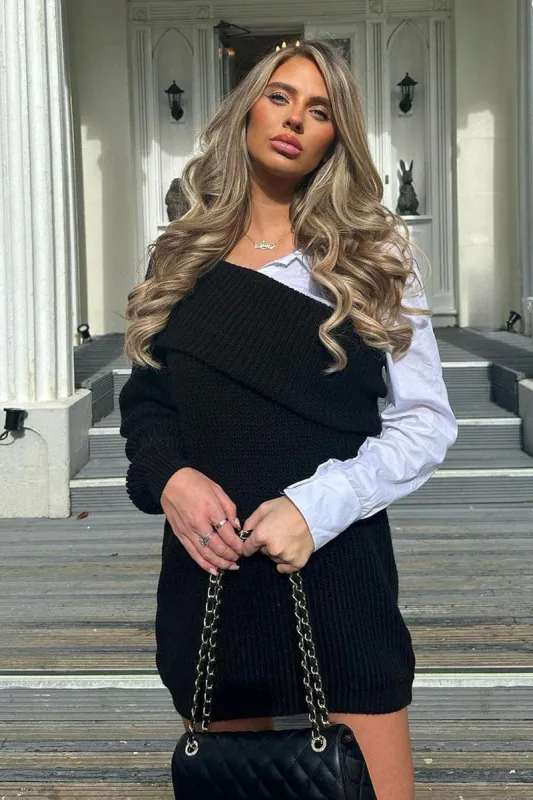 Black Contrast Knit Oversized Mini Dress - Mae sold by Rebellious Fashion