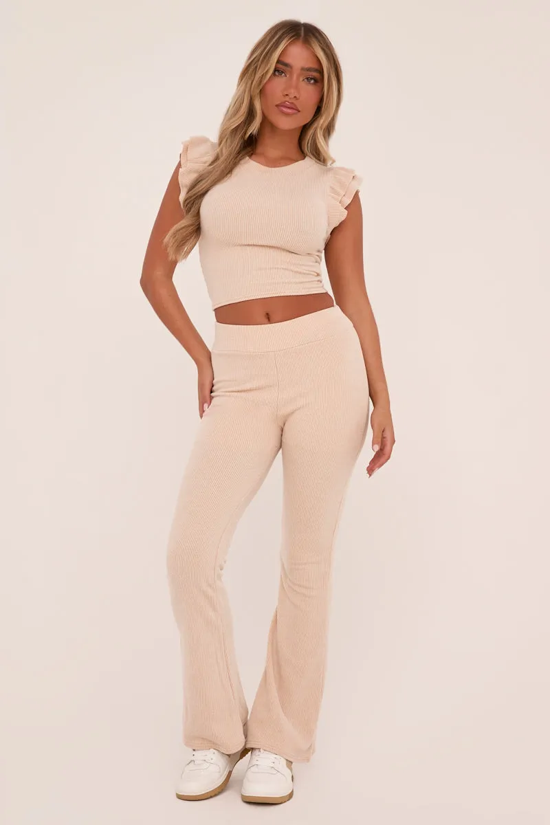 Beige Rib Knit Frill Detail Top & Trousers Co-ord Set - Vaneeza sold by Rebellious Fashion