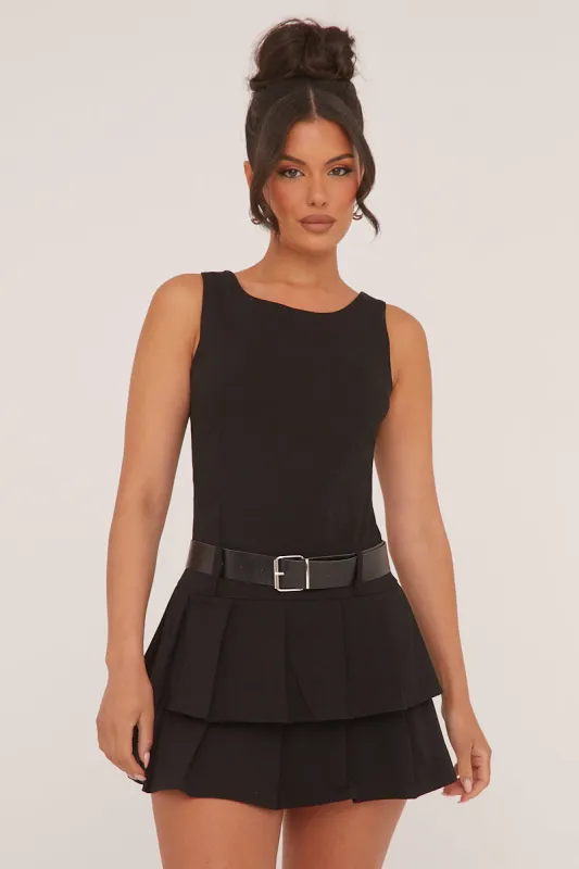 Black Pleated Belt Detail Mini Dress - Bobbie sold by Rebellious Fashion