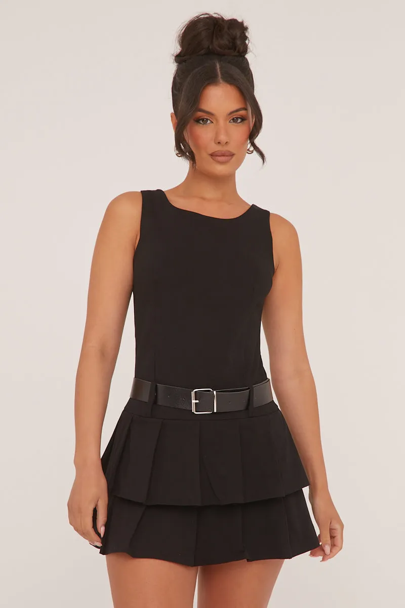 Black Pleated Belt Detail Mini Dress - Bobbie sold by Rebellious Fashion
