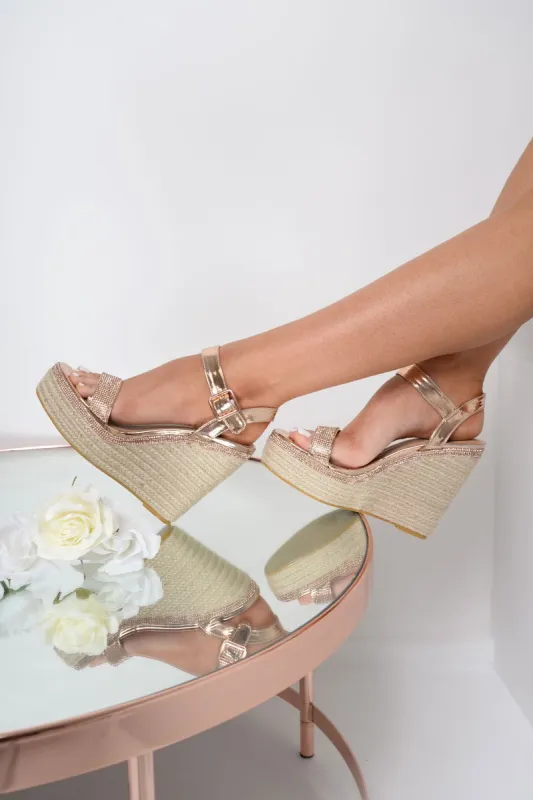Rose Gold Diamante Embellished Wedges - Elisa sold by Rebellious Fashion