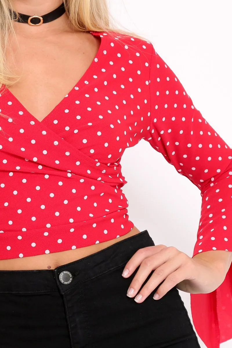 Red Polka Dot Plunge Bell Sleeve Crop Top - Merla sold by Rebellious Fashion product image thumbnail 4