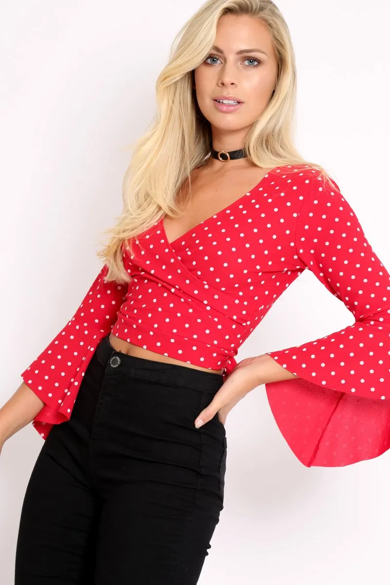 Red Polka Dot Plunge Bell Sleeve Crop Top - Merla sold by Rebellious Fashion product image thumbnail 2