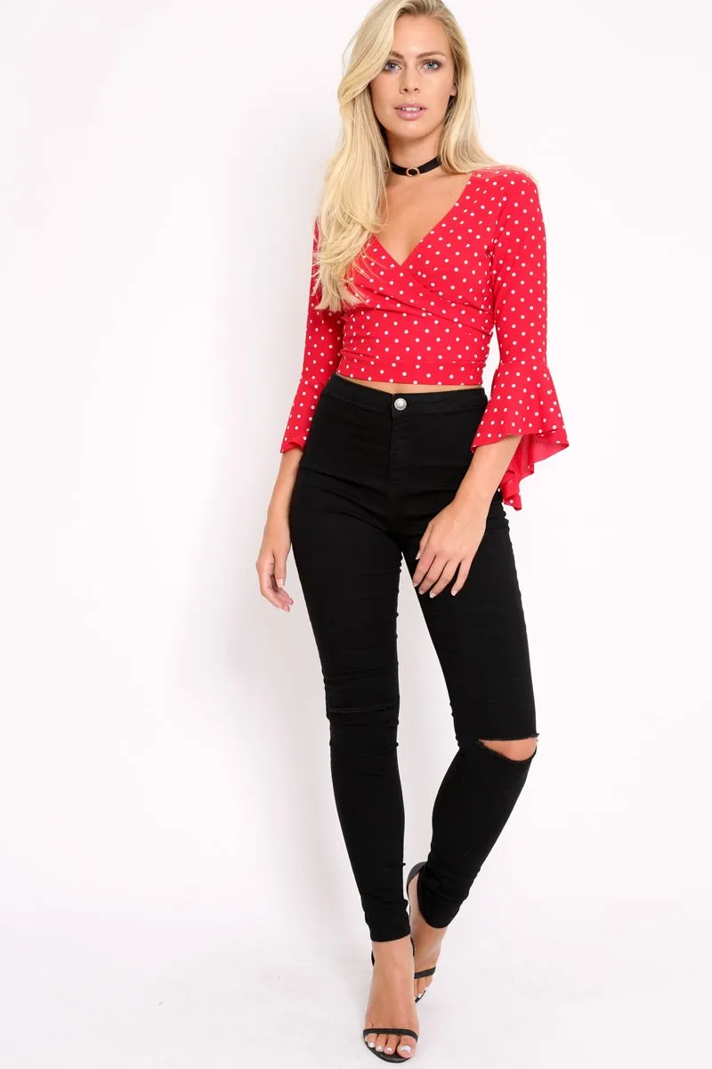 Red Polka Dot Plunge Bell Sleeve Crop Top - Merla sold by Rebellious Fashion product image thumbnail 5