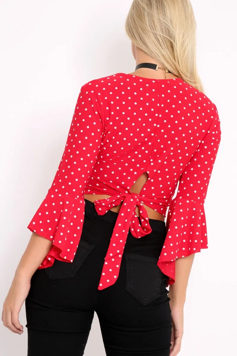 Red Polka Dot Plunge Bell Sleeve Crop Top - Merla sold by Rebellious Fashion product image thumbnail 3