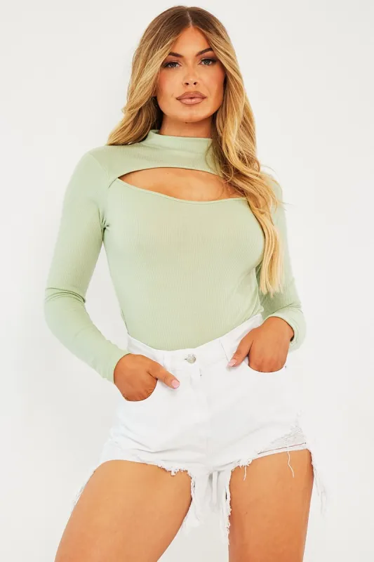 Sage Ribbed Cut Out Detail Bodysuit - Murphie sold by Rebellious Fashion