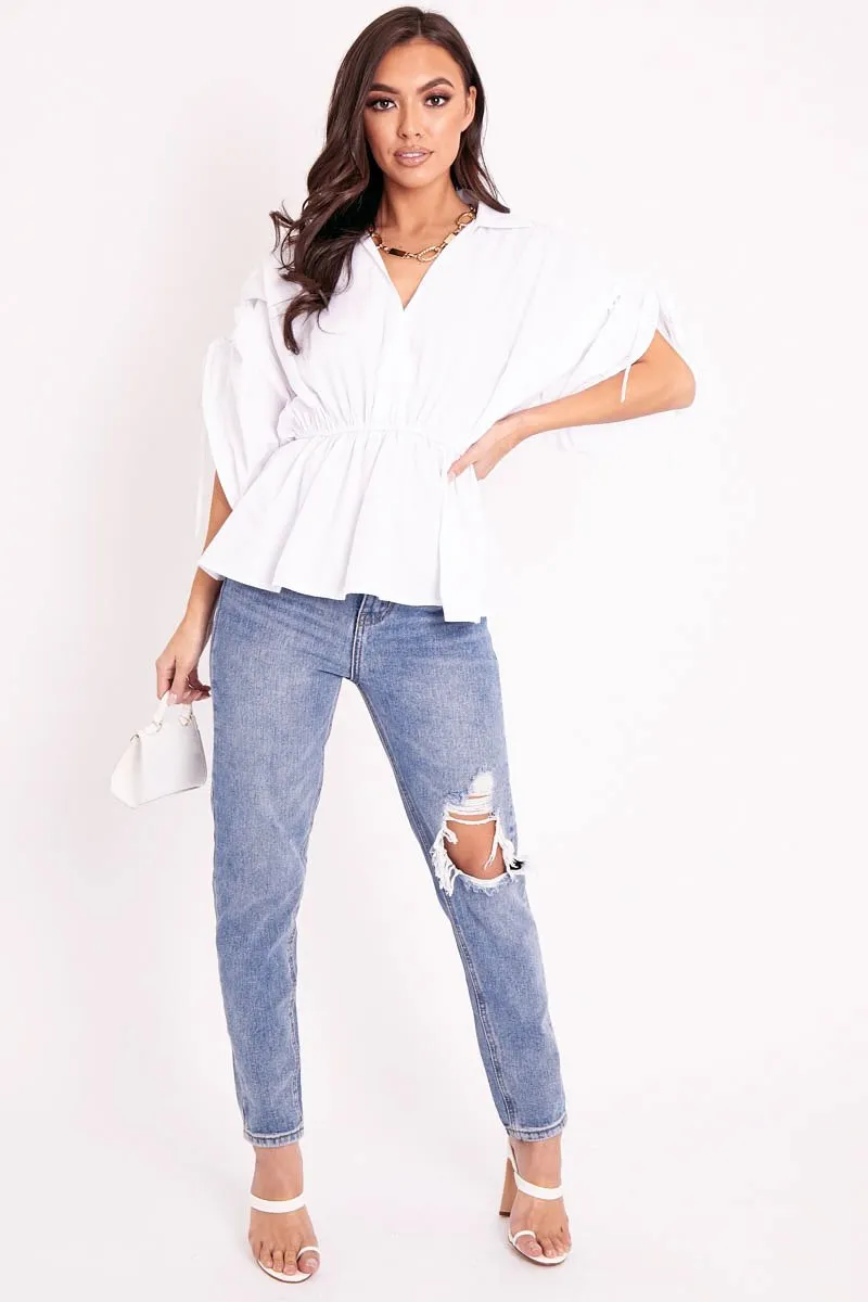 White Ruched Waist Plunge Neckline Kimono Sleeve Shirt - Eilene sold by Rebellious Fashion product image thumbnail 2
