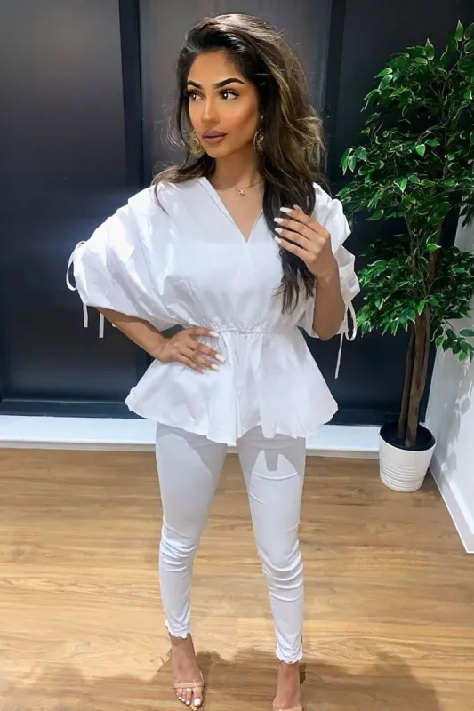 White Ruched Waist Plunge Neckline Kimono Sleeve Shirt - Eilene sold by Rebellious Fashion
