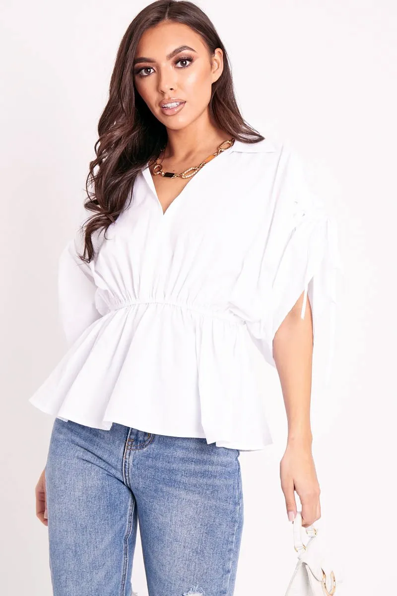 White Ruched Waist Plunge Neckline Kimono Sleeve Shirt - Eilene sold by Rebellious Fashion product image thumbnail 3