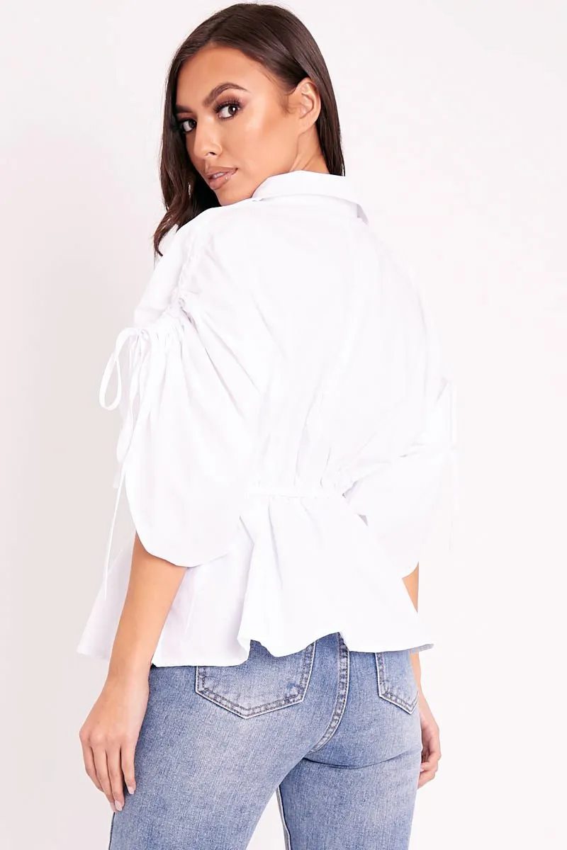 White Ruched Waist Plunge Neckline Kimono Sleeve Shirt - Eilene sold by Rebellious Fashion product image thumbnail 5