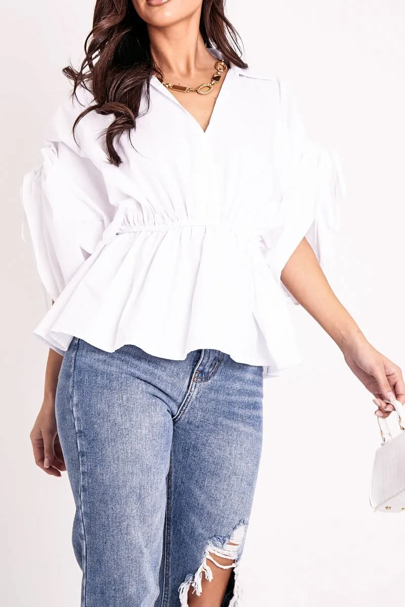 White Ruched Waist Plunge Neckline Kimono Sleeve Shirt - Eilene sold by Rebellious Fashion product image thumbnail 4