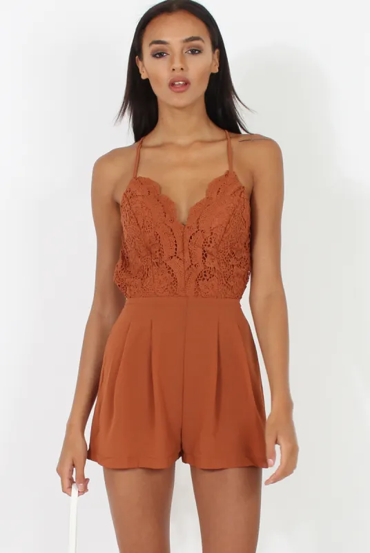 Rust Crochet Cross Back Playsuit - Quinn sold by Rebellious Fashion