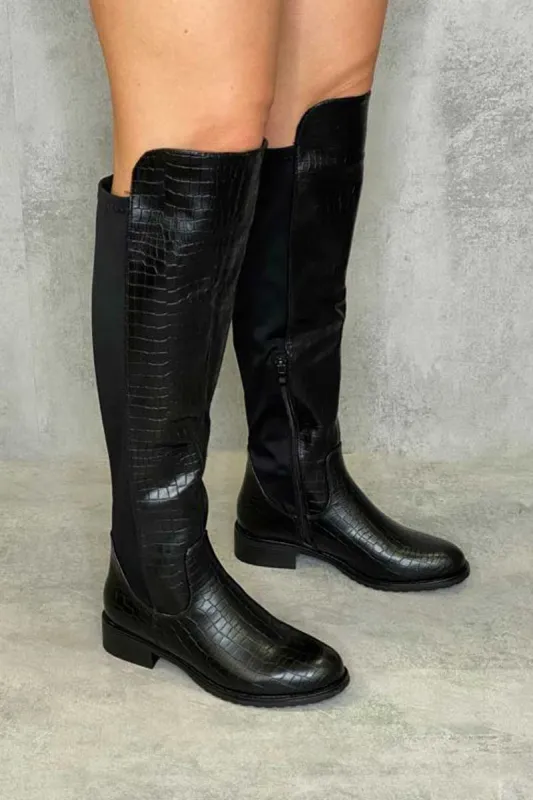 Black Croc Knee High Flat Boots - Reginna sold by Rebellious Fashion