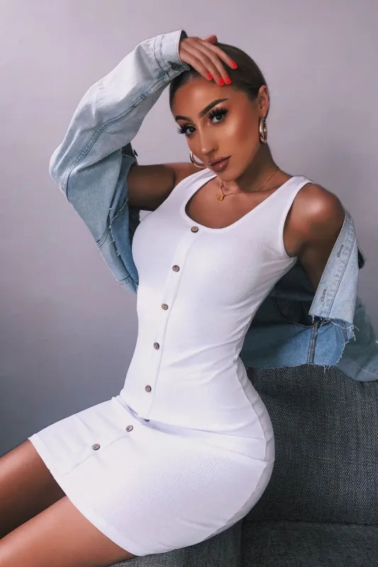 White Button Front Ribbed Bodycon Dress - Oliviana sold by Rebellious Fashion
