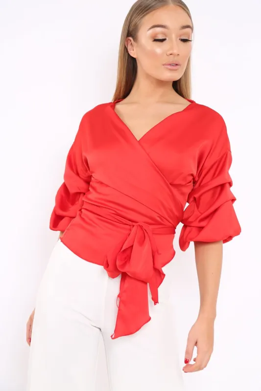 Red Satin Ruffle Sleeve Wrapover Top - Susie sold by Rebellious Fashion