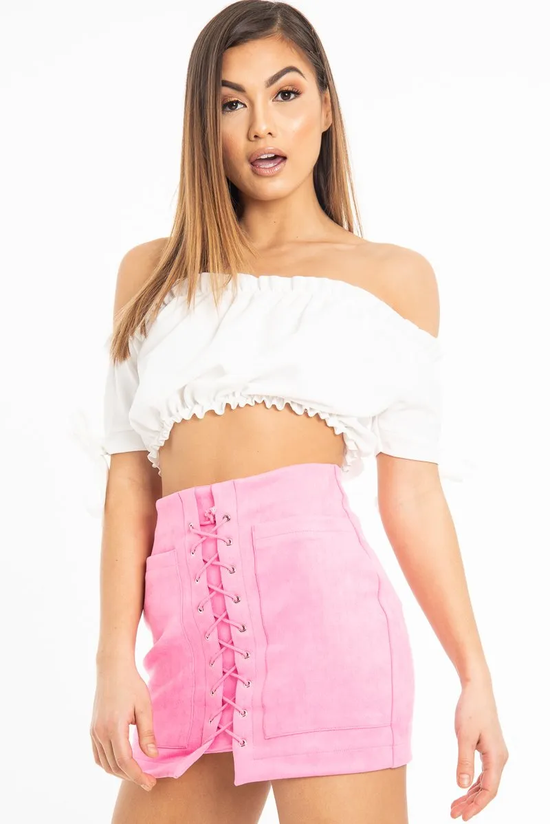 White Ruched Bardot Gypsy Crop Top - Janette sold by Rebellious Fashion product image thumbnail 5