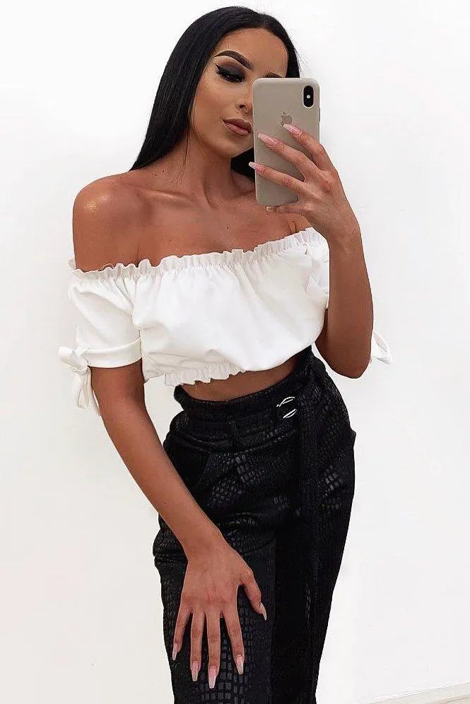 White Ruched Bardot Gypsy Crop Top - Janette sold by Rebellious Fashion