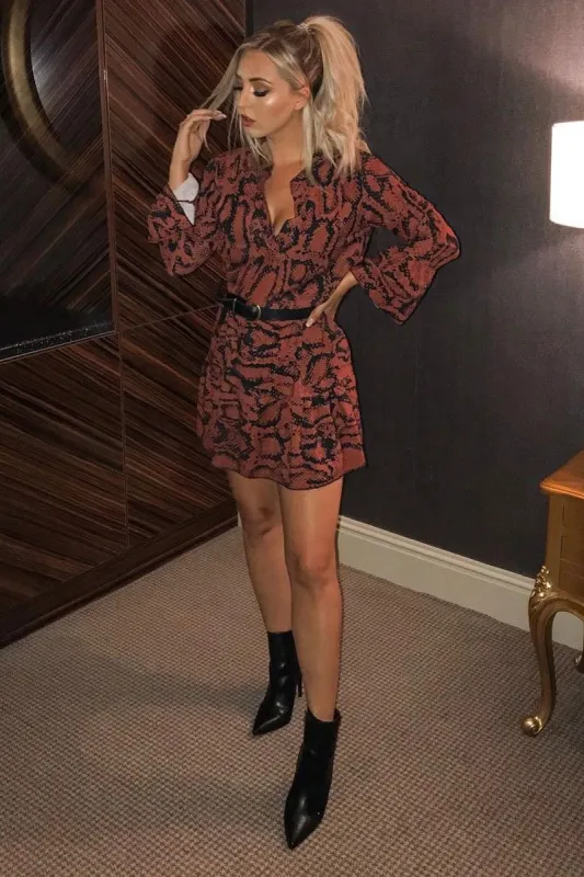 Wine Snake Print Plunge Flute Sleeve Shift Dress - Olesya sold by Rebellious Fashion