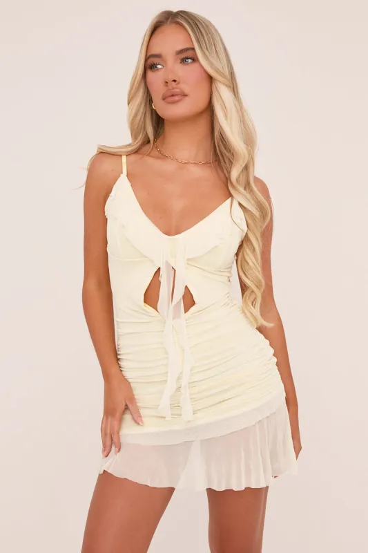 Yellow Mesh Frill Hem Bodycon Mini Dress - Priscilla sold by Rebellious Fashion