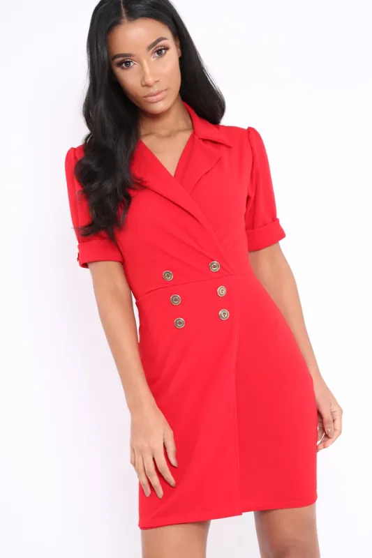 Red Button Detail Plunge Wrap Blazer Dress - Aizah sold by Rebellious Fashion