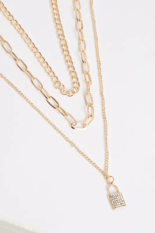 Gold Padlock Layered Chain Necklace - Earle sold by Rebellious Fashion