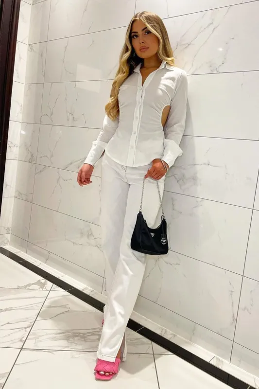 White Contrast Stitch Denim Straight Leg Side Split Jeans - Tashi sold by Rebellious Fashion