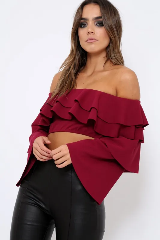 Wine extreme Layered Frill Bardot Crop Top - Nevaeh sold by Rebellious Fashion